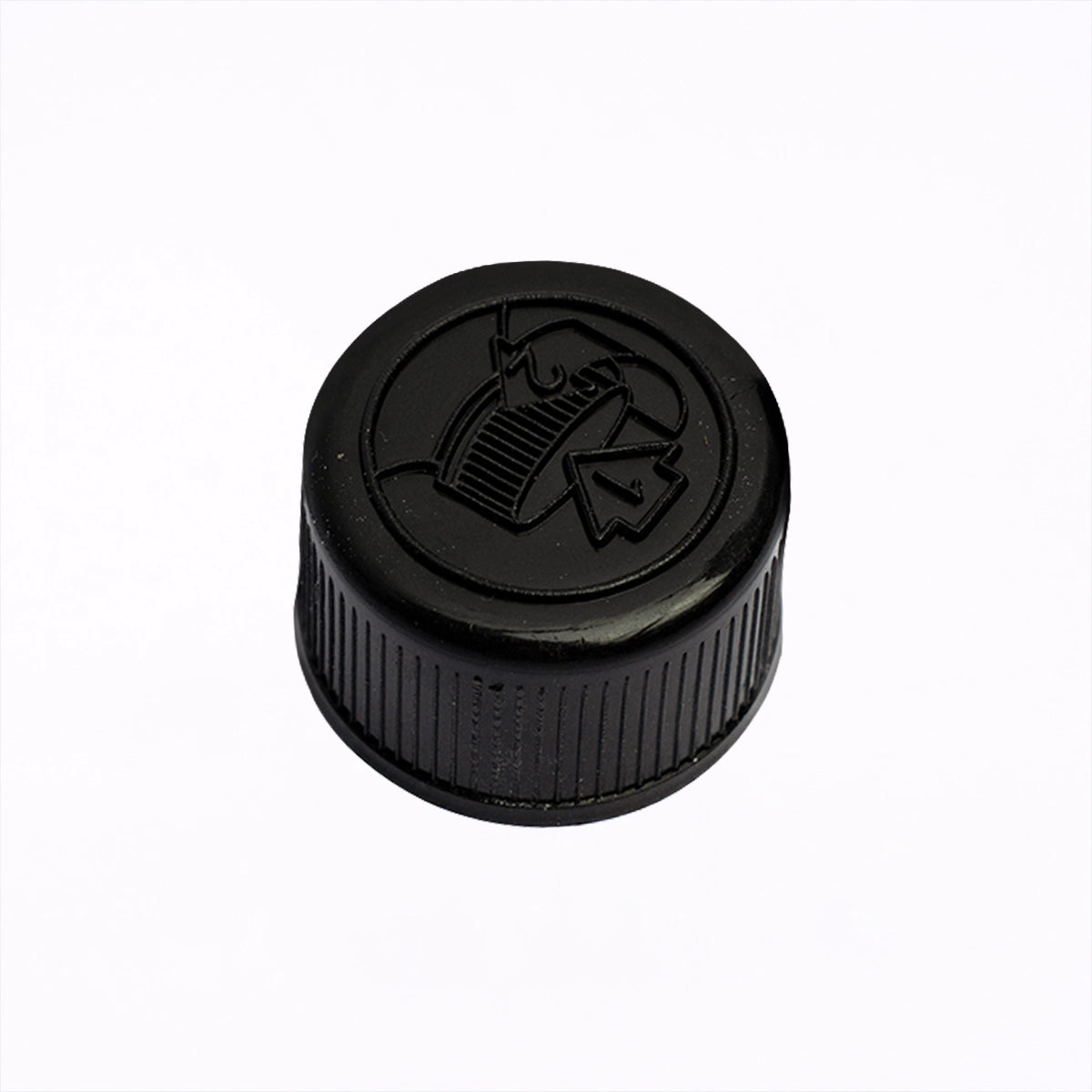 Black child-resistant cap with push-and-turn mechanism for secure bottle closure.