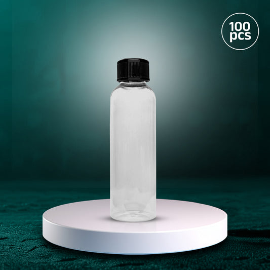 Clear 200ml PET bottle with BPA-free material and secure black CRC cap for spill-proof use.